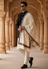 Woolen Mens Shawl in Warm White with Heritage-Inspired Embroidered Border (80 x 40 Inches)