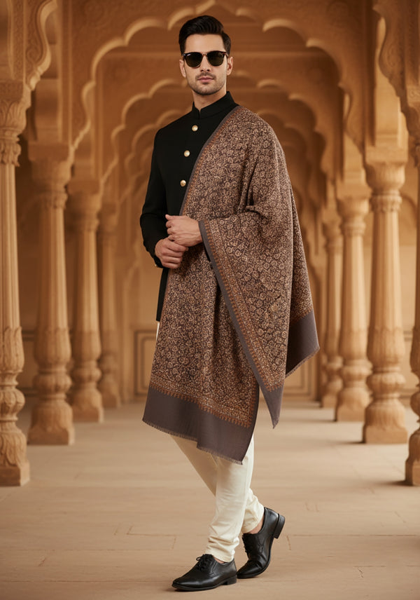 Woolen Mens Shawl with Intricate Traditional Motif & Ornate Woven Border | 80 x 40 Inches
