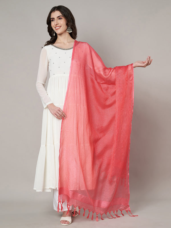 Elegant Peach Cotton Dupatta with Subtle Woven Stripes & Tassel Detailing (Size: 2.5x1 m Approx)