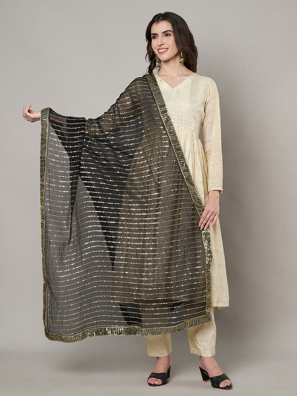 Black Chinon Dupatta with Gold Stripe Sequin Work & Gota Border (Size: 2.5x1 m Approx)