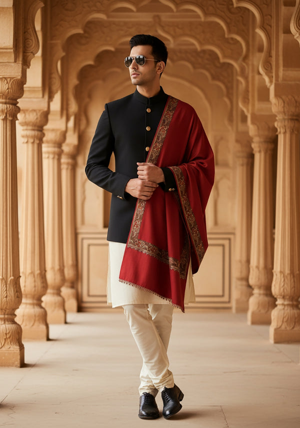 Classic Woolen Mens Shawl with Embroidered Border in Rich Maroon (80 x 40 Inches)
