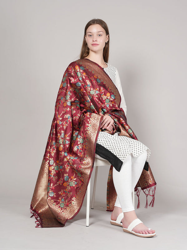 Maroon Paithani Silk Dupatta with Multicolour Floral Zari Weave (Size: 2.5x1 m Approx)