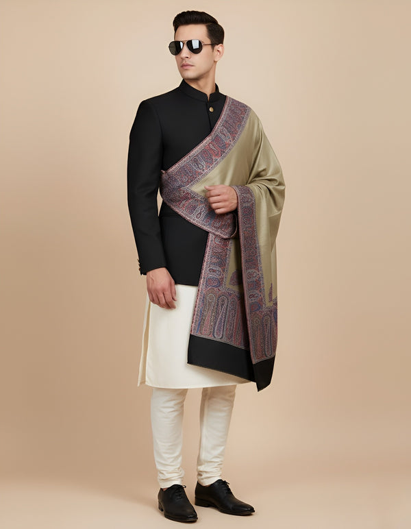 Bamboo Silk Gold Mens Shawl with Ornate Paisley Border | Classic Heritage Wrap (80 × 40 Inches)