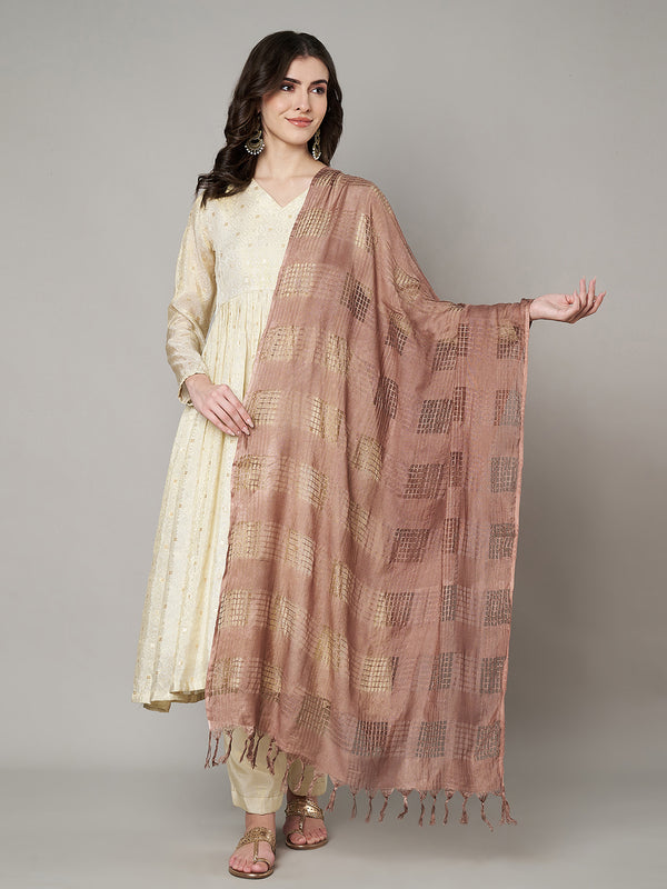 Brown Cotton Woven Check Dupatta with Tassel Detailing (Size: 2.5x1 m Approx)