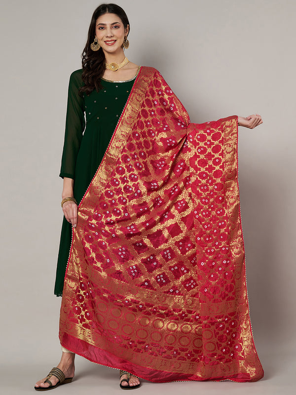 Red Silk Gharchola Bandhej Dupatta with Gold Zari Border (Size: 2.5x1 m Approx)