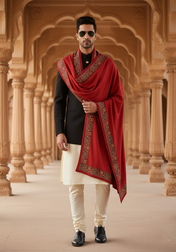 Red Woolen Mens Shawl with Traditional Multicolour Embroidered Border (80 x 40 Inches)