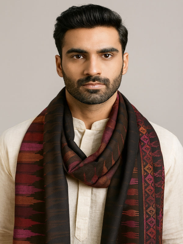 Woolen Mens Stole with Ikat-Inspired Woven Design | Refined Ethnic Wrap (80 × 28 Inches)