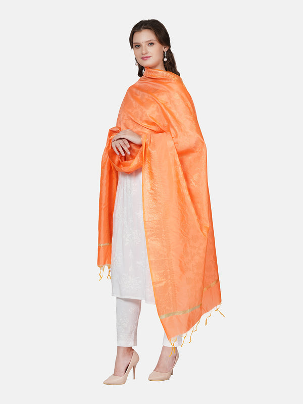 Orange Banarasi Silk Dupatta with All-Over Woven Floral Motifs & Rich Zari Border (Size: 2.5x1 m Approx)