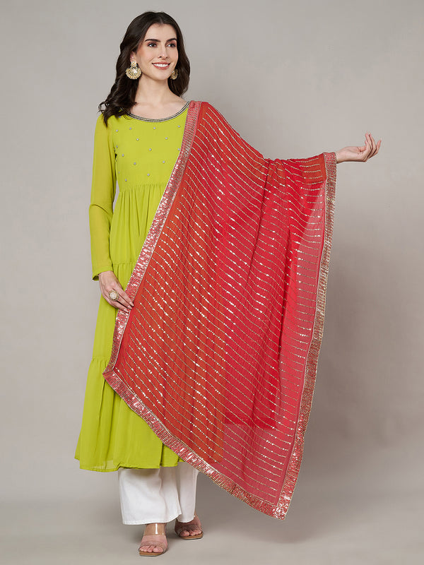 Red Chinon Dupatta with Gold Stripe Sequin Work & Gota Border (Size: 2.5x1 m Approx)