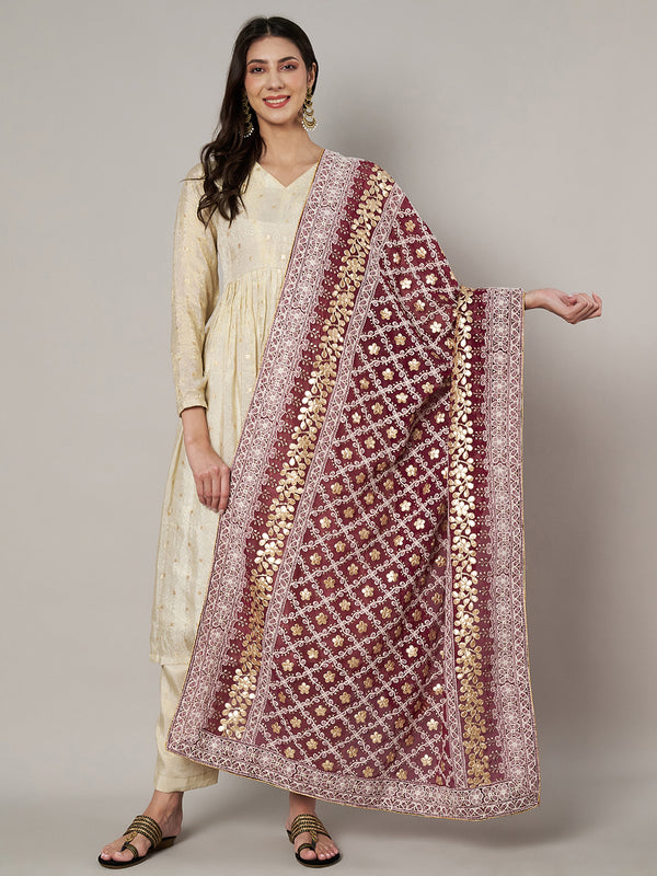 Maroon Georgette Dupatta with Gold Foil Booti & Lace Border (Size: 2.5x1 m Approx)