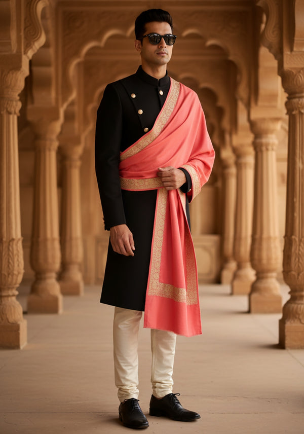 Pink Woolen Mens Shawl with Gold Border – 80x40 Inches