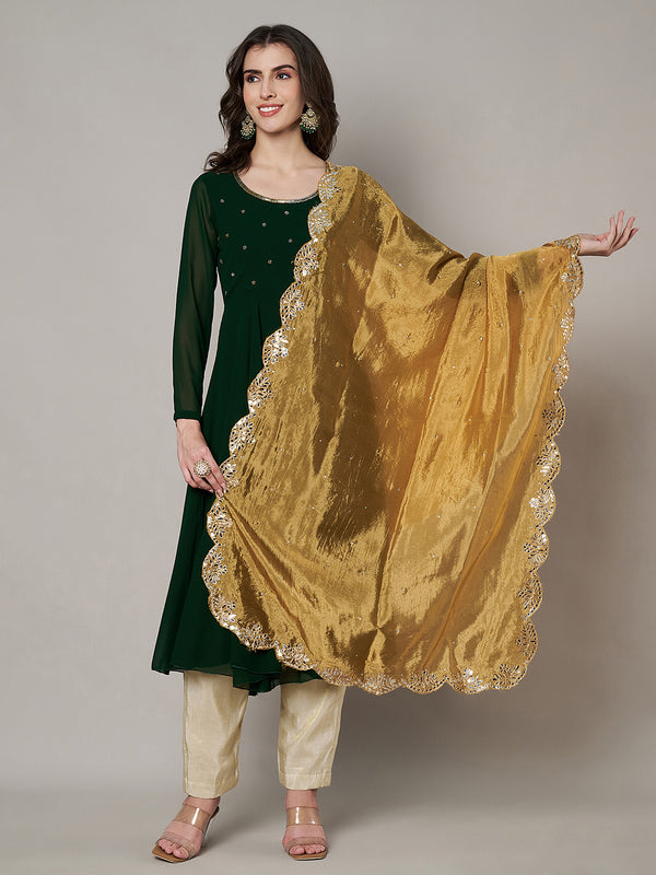 Gold Silk Dupatta with Scalloped Cutwork Border & Sequin Highlights (Size: 2.5x1 m Approx)