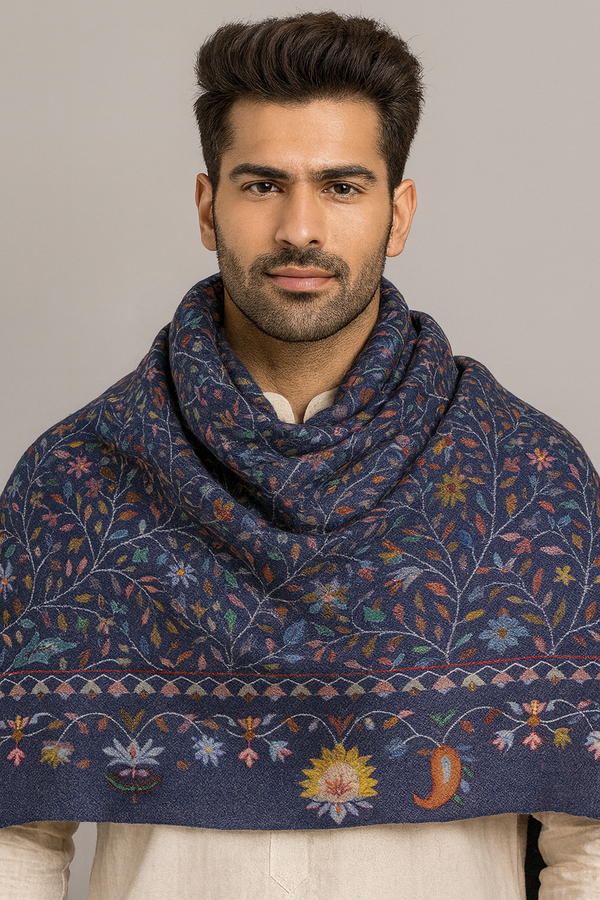 Printed Bamboo Silk Mens Shawl – Blue Floral Classic Wrap (80 x 40 Inches)