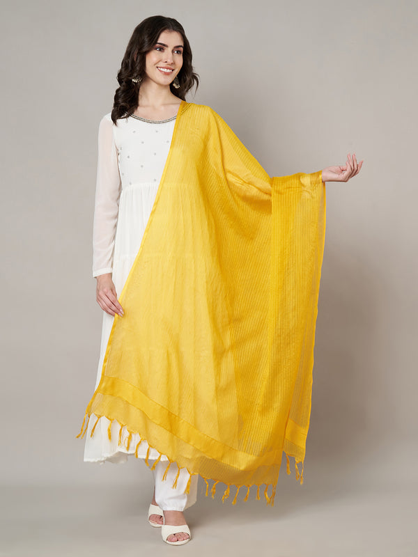 Elegant Yellow Cotton Dupatta with Subtle Woven Stripes & Tassel Detailing (Size: 2.5x1 m Approx)