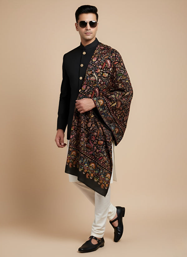 Printed Bamboo Silk Mens Shawl – Black Floral Classic Wrap (80 x 40 Inches)