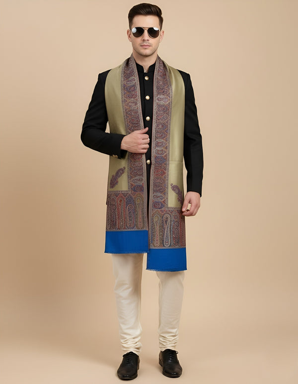 Bamboo Silk Gold Mens Shawl with Ornate Paisley Border | Classic Heritage Wrap (80 × 40 Inches)