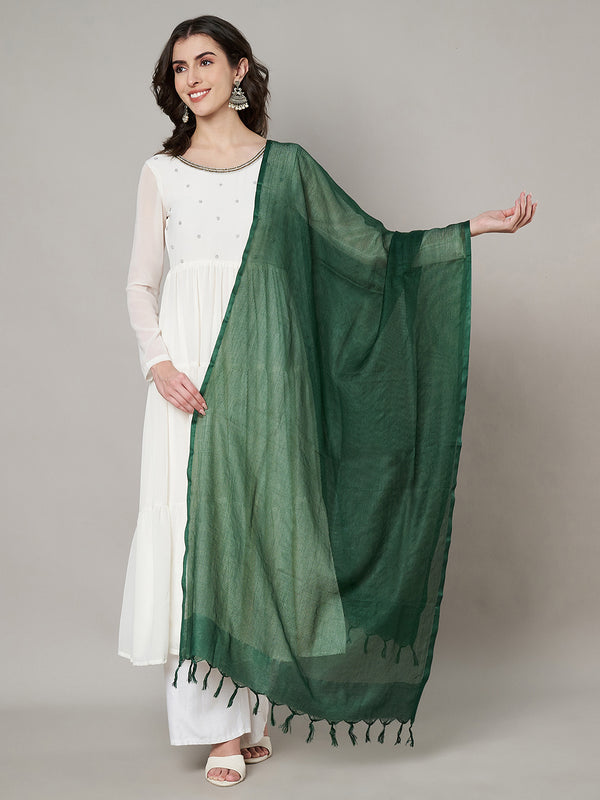Bottle Green Sheer Handwoven Cotton Dupatta with Tassel Finish (Size: 2.5x1 m Approx)