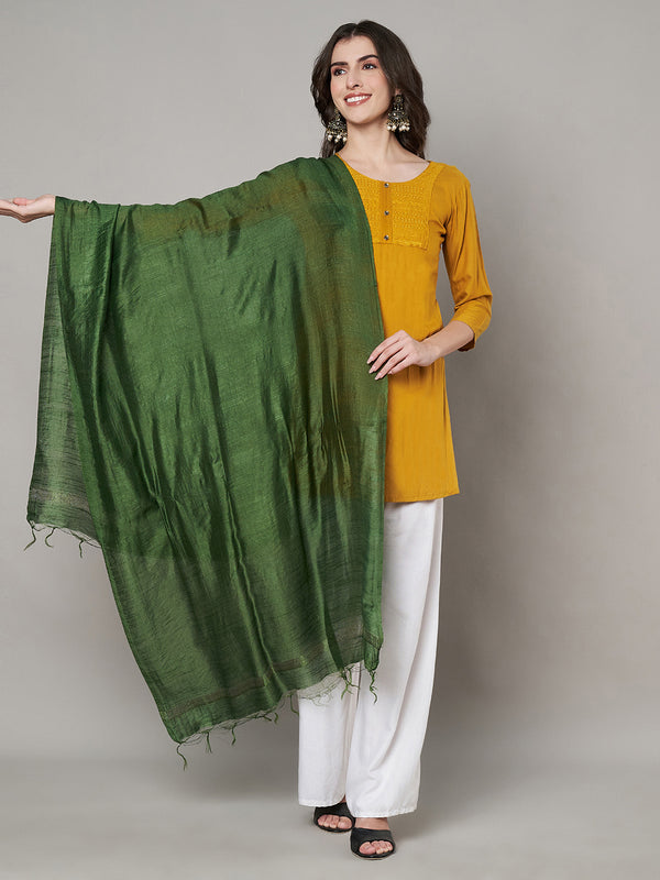 Bottle Green Solid Cotton Dupatta with Subtle Texture & Tassel Ends (Size: 2.5x1 m Approx)