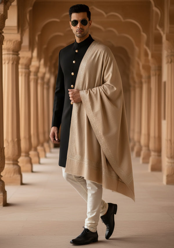 Beige Woolen Mens Shawl with Gold Border – 80x40 Inches