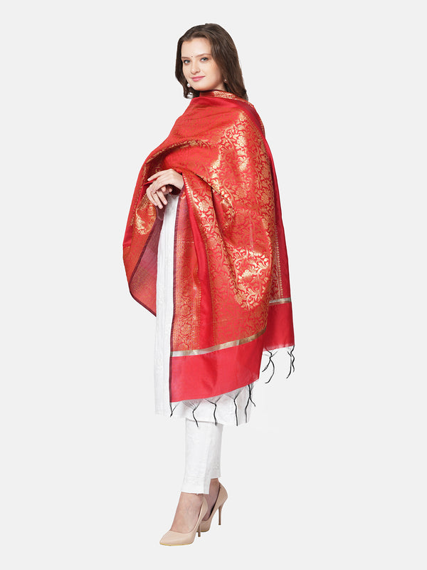 Orange Banarasi Silk Dupatta with Intricate Woven Zari Motifs & Classic Border (Size: 2.5x1 m Approx)