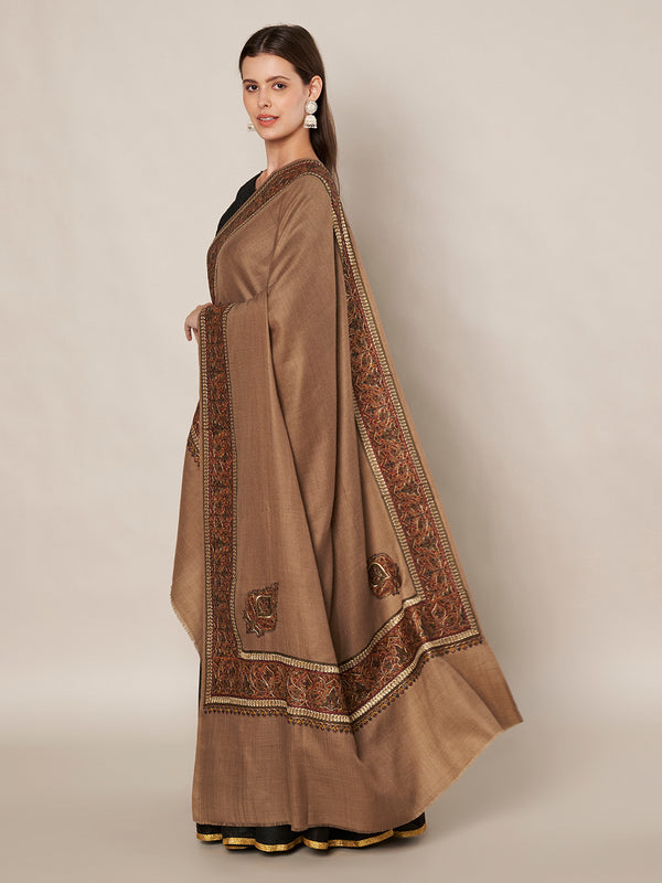 Brown Woolen Women Shawl with Intricate Embroidered Detailing – Winter Wrap (80 x 40 Inches)