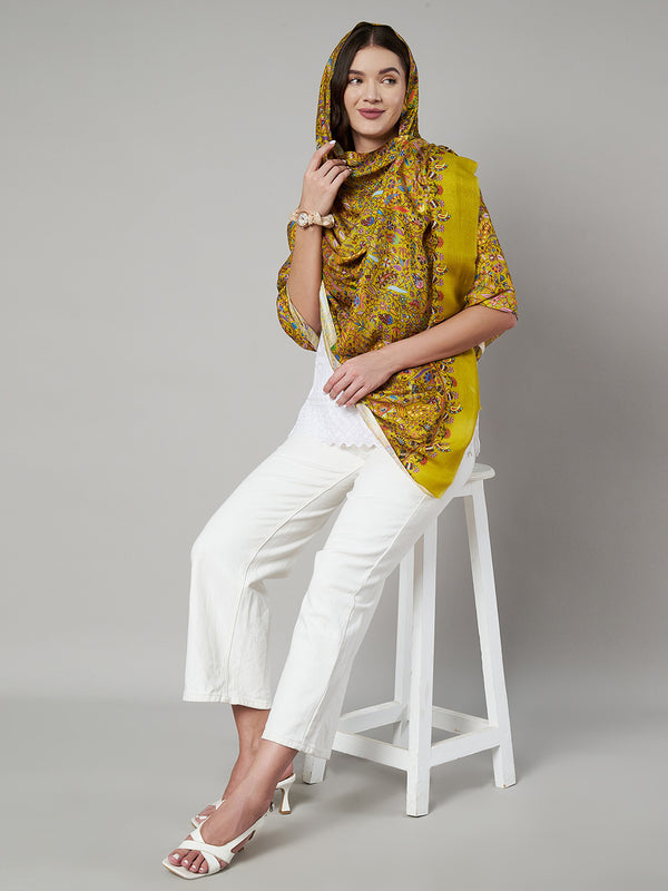 Printed Bamboo Silk Women Shawl – Mustard Floral Statement Wrap (80 x 40 Inches)