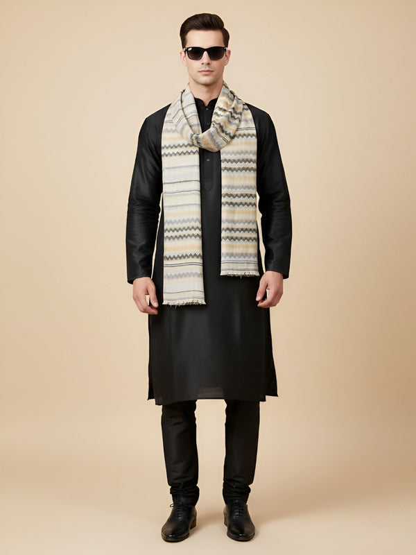 Woolen Zig-Zag Moonlight Zari Mens Stole | Heritage Wrap (80 x 28 Inches)