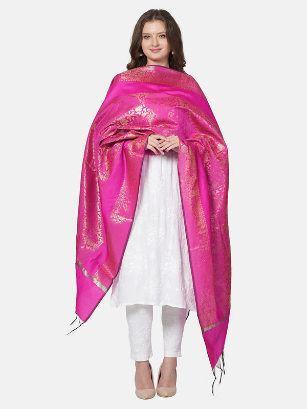Rani Banarasi Silk Dupatta with Intricate Woven Zari Motifs & Classic Border (Size: 2.5x1 m Approx)
