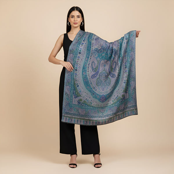 Kani Work Bamboo Silk Cutwork Women Shawl – Teal & Blue Elegance (80 x 40 Inches)