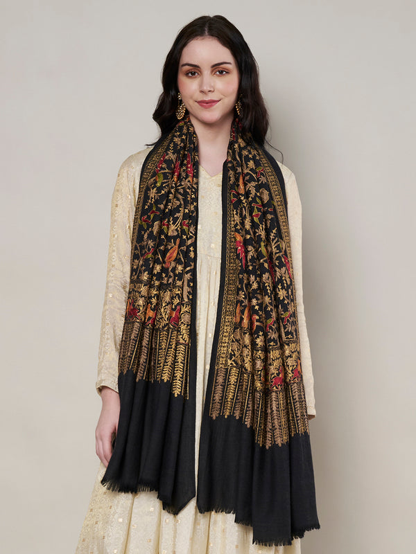 Woolen Women Shawl with Traditional Bird & Floral Jaal Motifs and Ornate Woven Border (80 x 40 Inches)