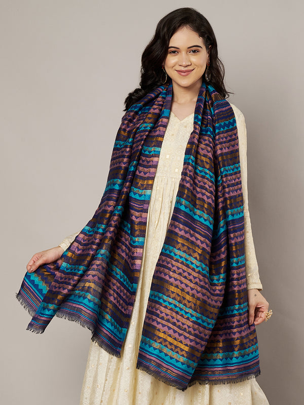 Woolen Zig-Zag Moonlight Zari Women Stole | Traditional Winter Wrap (80 x 28 Inches)