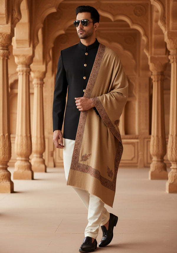 Elegant Brown Woolen Mens Shawl with Embroidered Border – Ethnic Wrap (80 x 40 Inches)