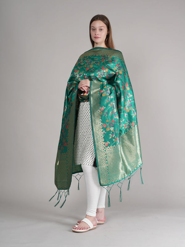 Emerald Green Paithani Silk Dupatta with Multicolour Floral Zari Weave (Size: 2.5x1 m Approx)