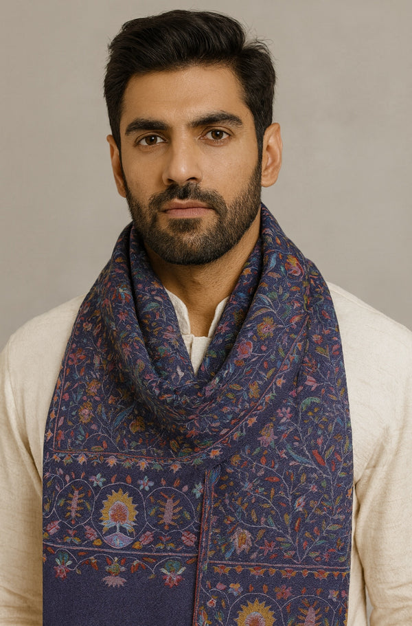 Bamboo Silk Blue Kashmiri Mens Stole with Classic Paisley Weave | Elegant Ethnic Accessory | 80×28 Inches