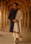 Classic Woolen Mens Shawl with Embroidered Border in Rich Beige (80 x 40 Inches)