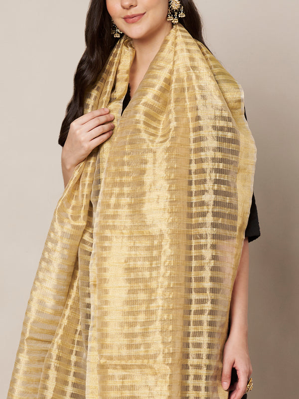 Brown & Ivory Striped Cotton Silk Dupatta with Tassel Finish (Size: 2.5x1 m Approx)