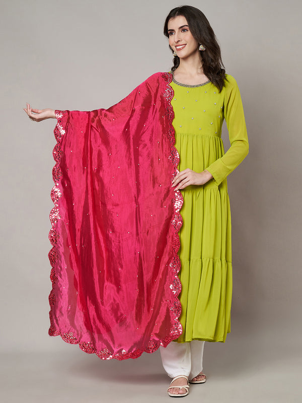 Rani Silk Dupatta with Scalloped Cutwork Border & Sequin Highlights (Size: 2.5x1 m Approx)