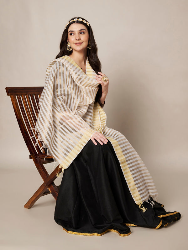 Grey & Gold Striped Cotton Silk Dupatta with Tassel Finish (Size: 2.5x1 m Approx)
