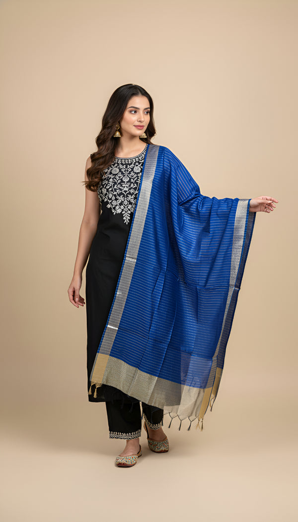 Blue Striped Silk Dupatta with Zari Border | Elegant Ethnic Drape (2.5 Metres Approx.)