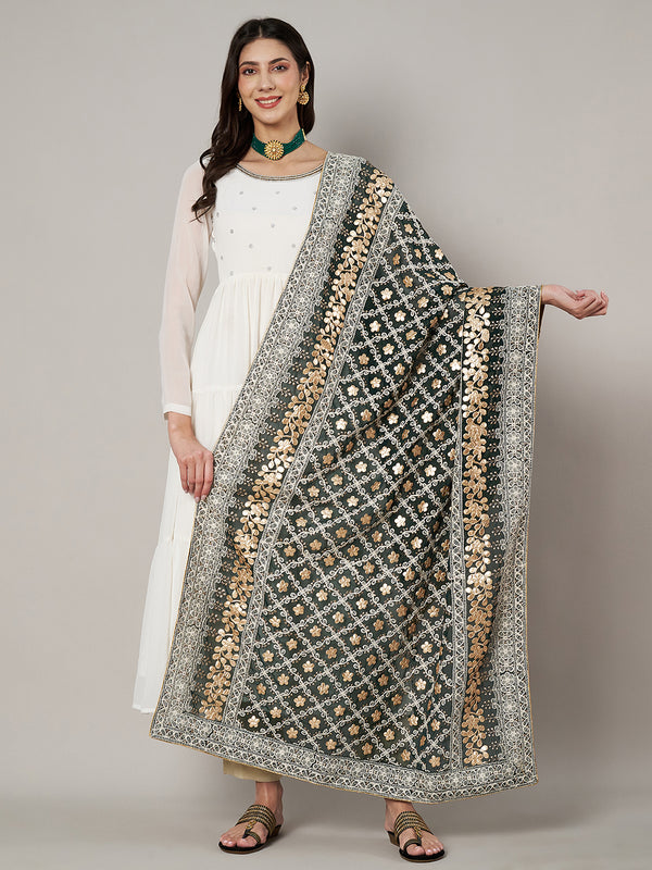 Black Georgette Dupatta with Gold Foil Booti & Lace Border (Size: 2.5x1 m Approx)