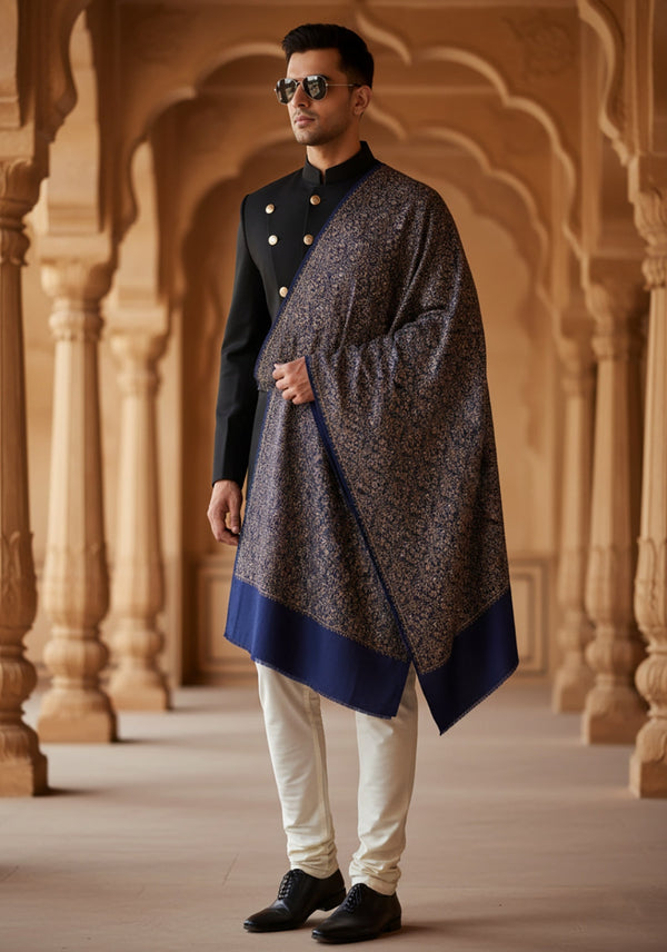 Woolen Mens Shawl in Blue with All-Over Floral Jaal Weave (80 x 40 Inches)