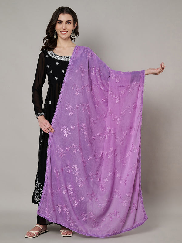 Soft Purple Dupatta with Cotton Thread Floral Embroidery & Lace Border (Size: 2.5x1 m Approx)