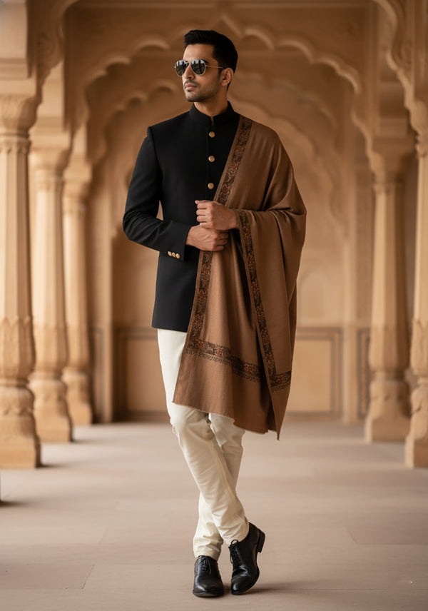 Classic Woolen Mens Shawl with Embroidered Border in Rich Brown (80 x 40 Inches)