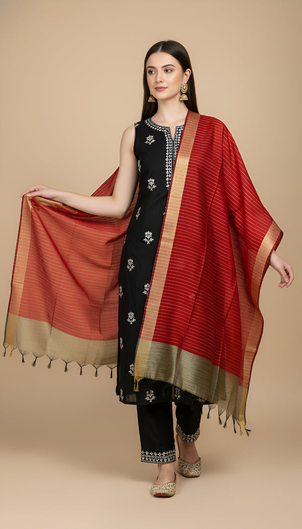 Striped Silk Dupatta with Zari Border | Elegant Ethnic Drape (2.5 Metres Approx.)