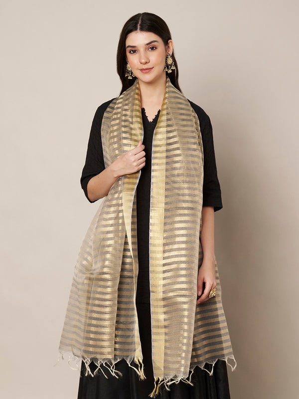 Black & Ivory Striped Cotton Silk Dupatta with Tassel Finish (Size: 2.5x1 m Approx)