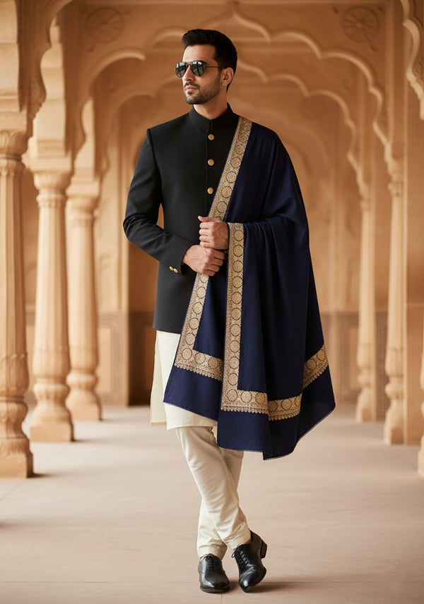 Blue Woolen Mens Shawl with Gold Border – 80x40 Inches