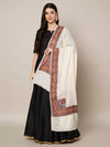 Woolen Women Shawl in Ivory with Multicolour Kashmiri-Inspired Embroidered Border (80 x 40 Inches)
