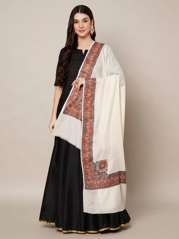 Woolen Women Shawl in Ivory with Multicolour Kashmiri-Inspired Embroidered Border (80 x 40 Inches)