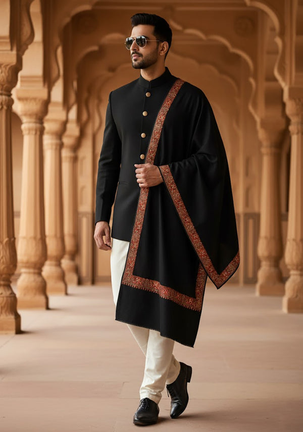 Black Woolen Mens Shawl with Traditional Multicolour Embroidered Border (80 x 40 Inches)