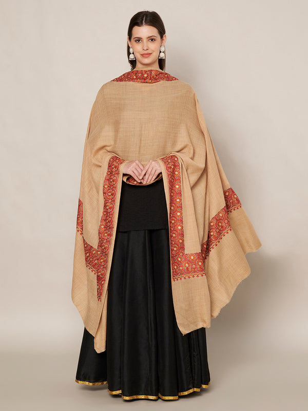 Beige Woolen Women Shawl with Traditional Embroidered Border (80 x 40 Inches)